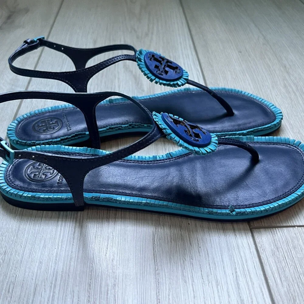 Tory Burch Navy and Turquoise Thora Sandals - Size 7